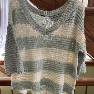 Beautiful mint white striped V-neck Free People sweater size Medium